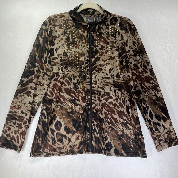 Chico’s Travelers Full Zip Jacket Women’s Sz Large/12 (2) Sheer Animal Leopard - Picture 1 of 7